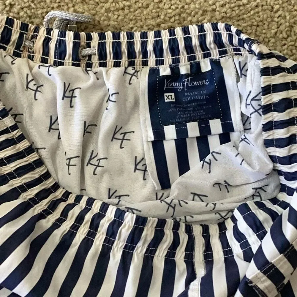 Kenny Flowers Navy White Striped Swim Trunks Sz XL Resort Beach Shorts